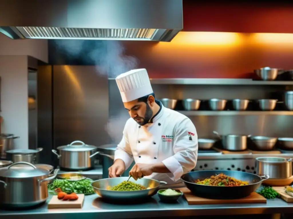 Cocina peruana influencia árabe: Chefs preparan platos fusionados en una bulliciosa cocina con especias y hierbas aromáticas