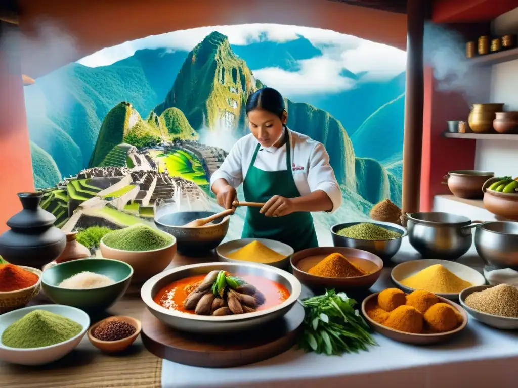 Cocina peruana con influencias indígenas, chefs preparando platos coloridos de la región andina y amazónica