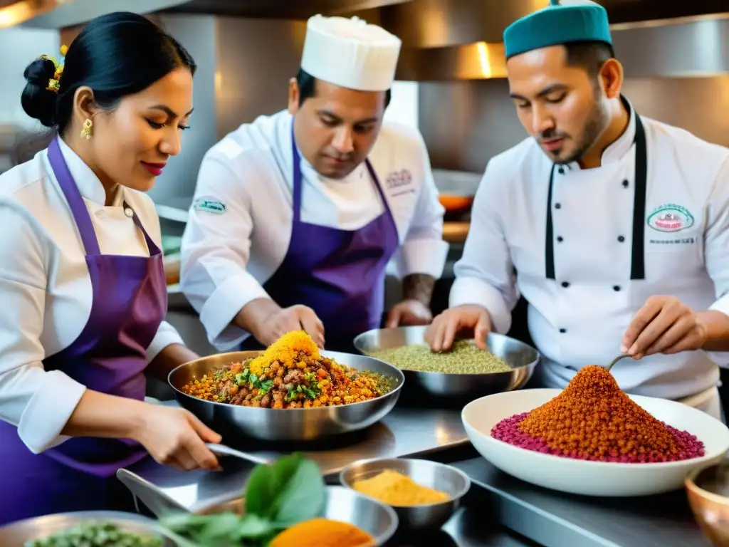 Cocina peruana ingredientes autóctonos: Chefs peruanos preparando platos tradicionales con un toque moderno en una cocina bulliciosa y llena de color