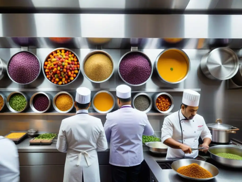 Cocina peruana con ingredientes autóctonos, chefs preparando platos innovadores