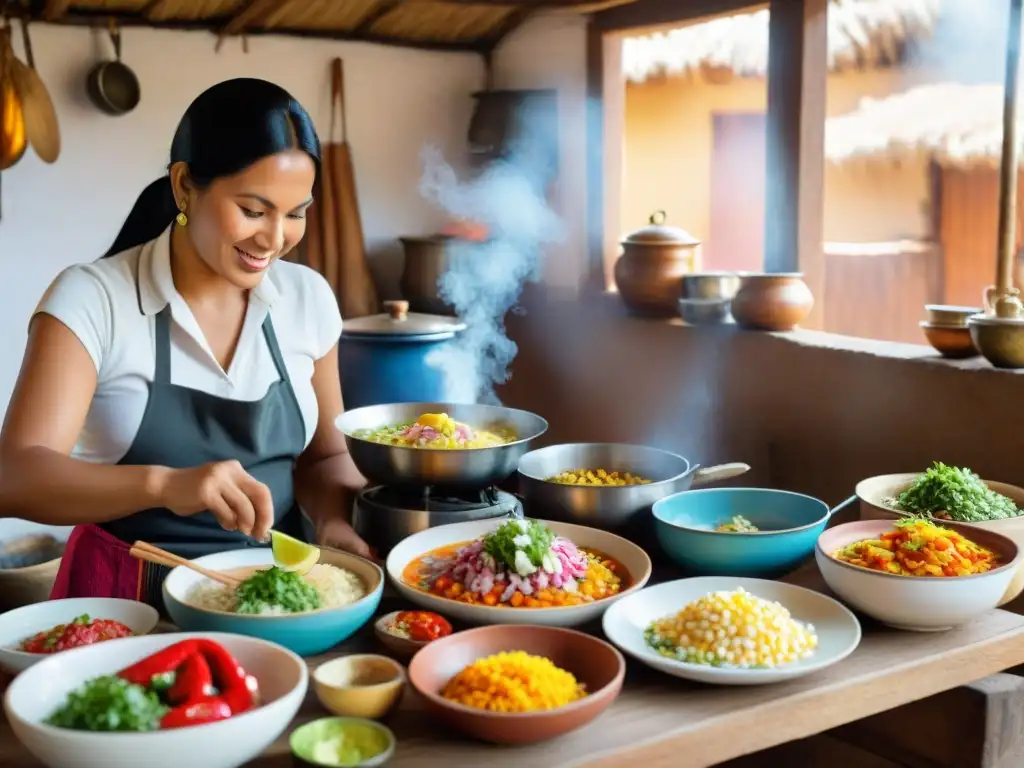 Una cocina peruana con ingredientes locales, donde una mujer prepara un ceviche colorido