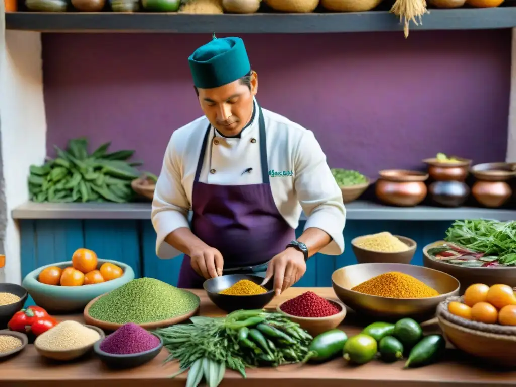 Una cocina peruana llena de ingredientes saludables tradicionales como quinua, maíz morado y ajíes, con un chef preparando un plato típico