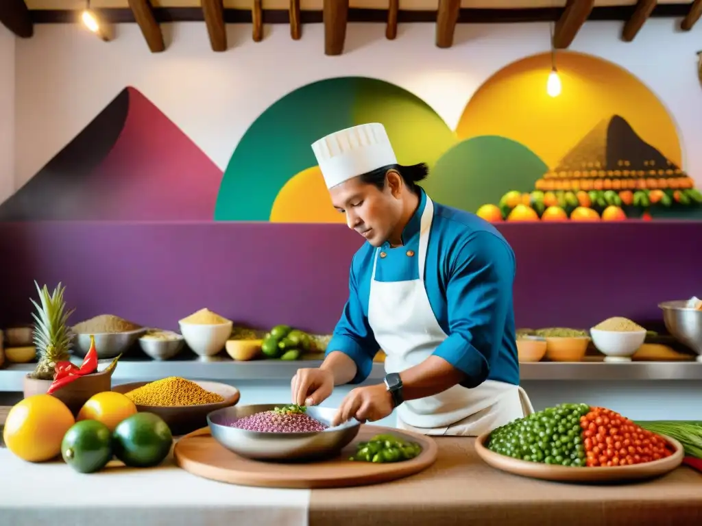 Una cocina peruana llena de ingredientes autóctonos, donde un chef prepara ceviche con destreza y arte culinario