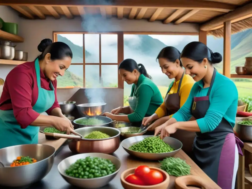 Una cocina peruana llena de vida y diversidad, donde personas colaboran armoniosamente en diversas tareas culinarias