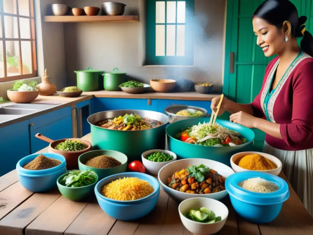 Una cocina peruana llena de vida y reciclaje, con una familia diversa preparando platillos tradicionales