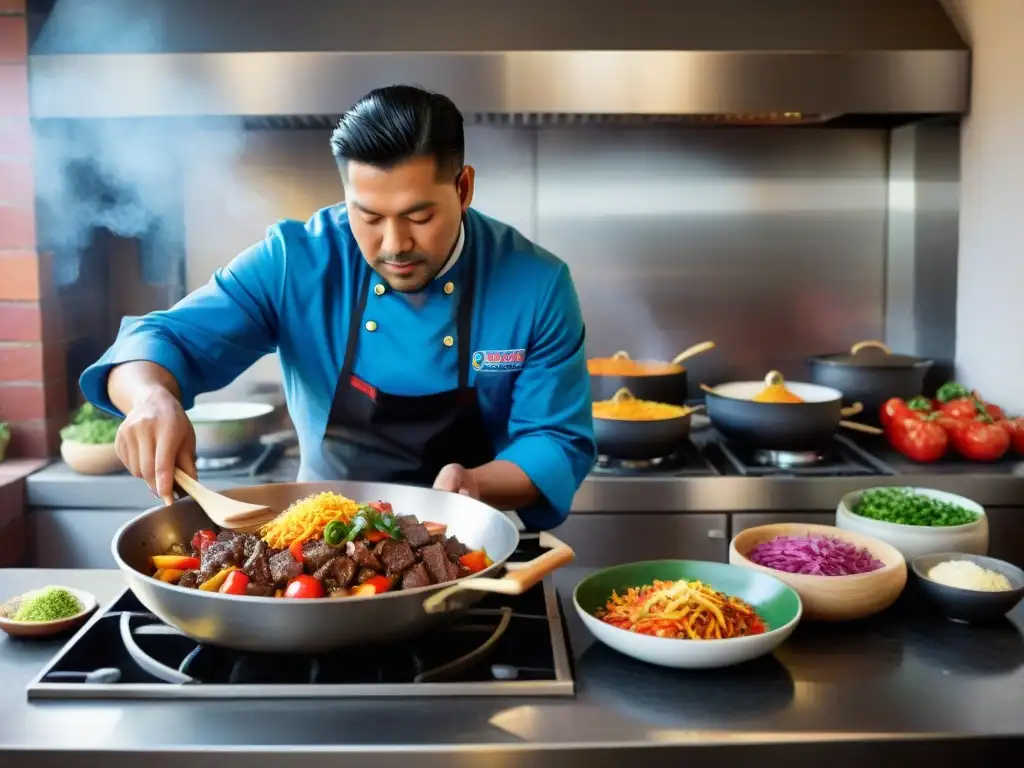 Una cocina peruana llena de vida: chef preparando lomo saltado con destreza