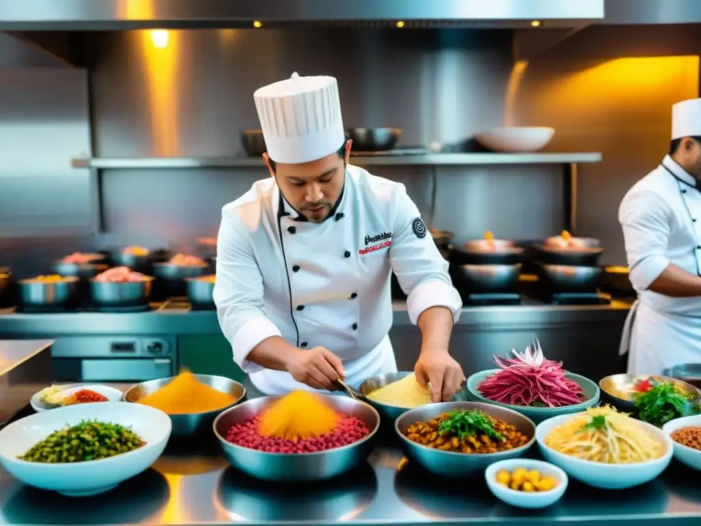 Cocina peruana: chefs preparando ceviche y lomo saltado Cocina peruana llena de vida y color con chefs preparando platos tradicionales