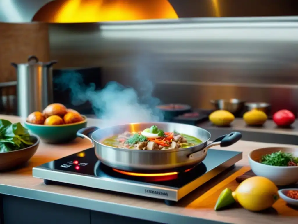 Cocina peruana con inducción magnética: Cocineros peruanos preparando plato tradicional en moderna cocina