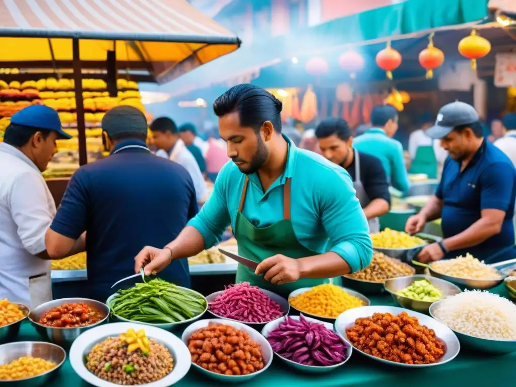 Cocina peruana en mercado vibrante de Lima: chefs locales preparan ceviche, lomo saltado y causa, mientras clientes esperan en fila