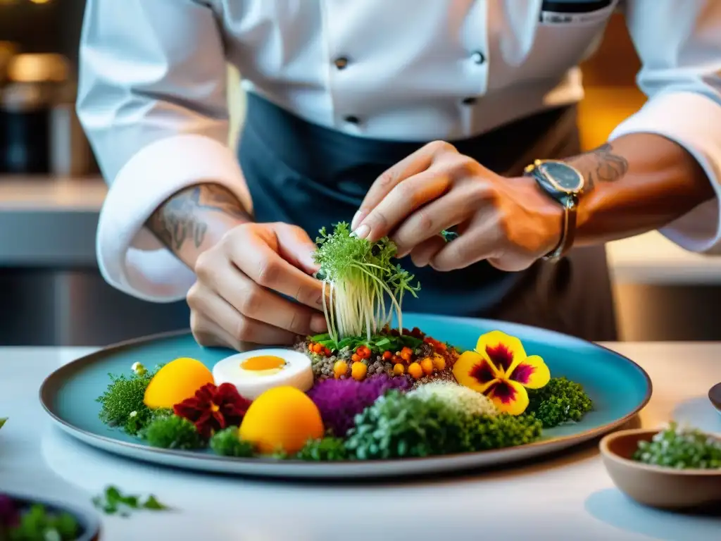 En la cocina peruana moderna, un chef crea una presentación artística y colorida