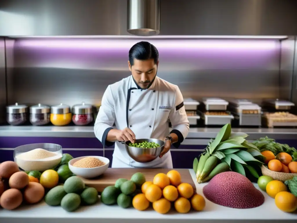 Cocina peruana moderna con técnicas de conservación innovadoras y chef sellando ingredientes al vacío