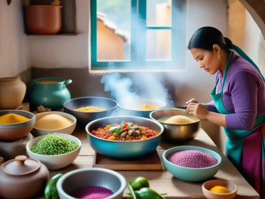 Cocina peruana con mujeres preparando platos tradicionales con ingredientes autóctonos en un ambiente vibrante y colorido