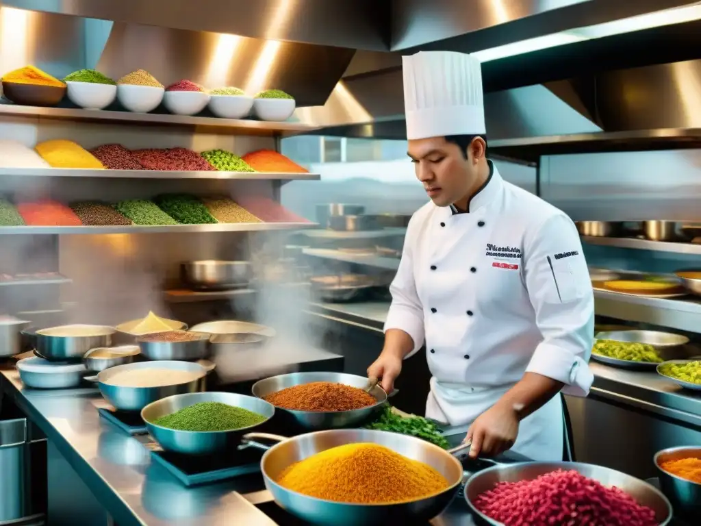 Cocina peruana en pleno auge con chefs preparando ceviche y lomo saltado en un restaurante bullicioso