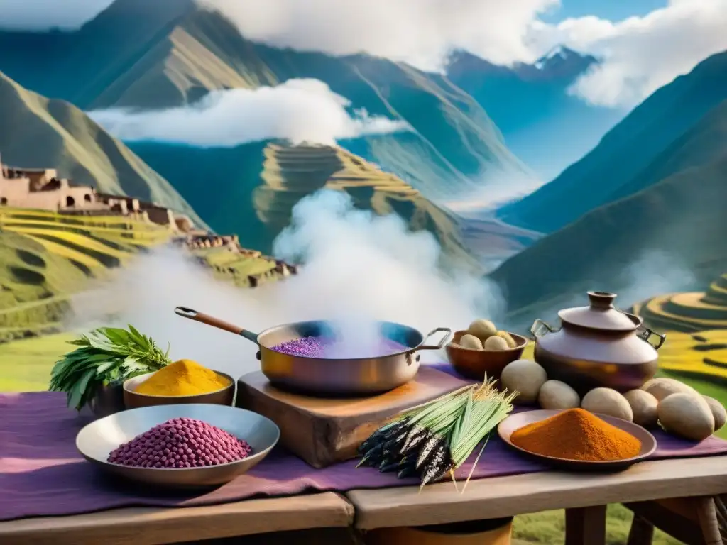 Una cocina peruana en la sierra: chef prepara platos tradicionales entre ingredientes vibrantes y paisaje andino