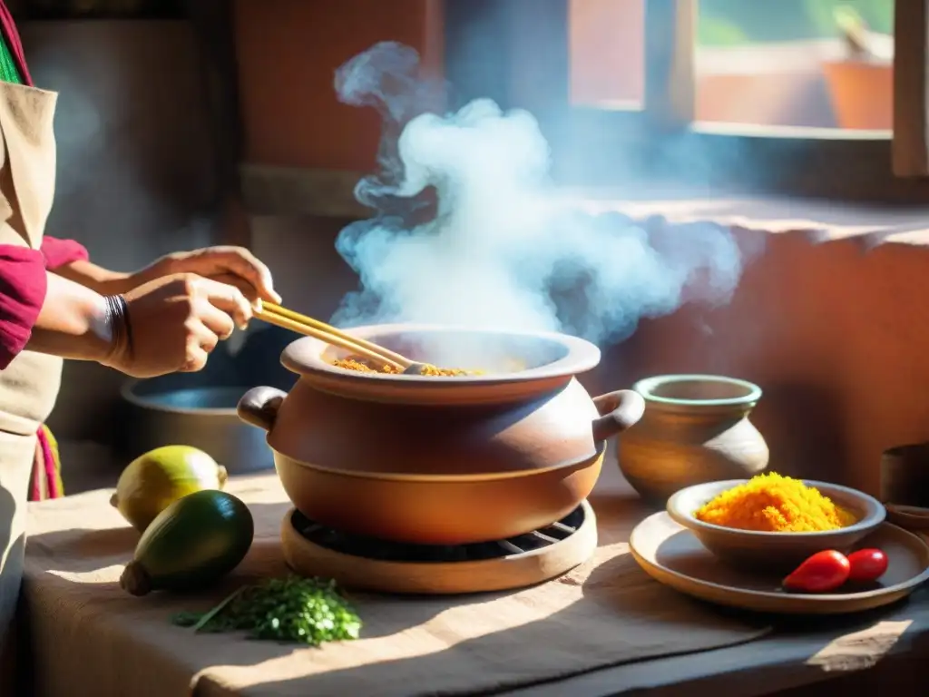 Una cocina peruana tradicional con ajiaco de olluco burbujeante