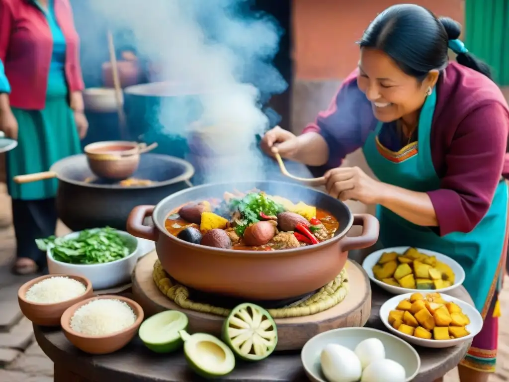 Una cocina peruana tradicional bulliciosa con un Adobo Arequipeño receta tradicional peruana burbujeante y gente alegre