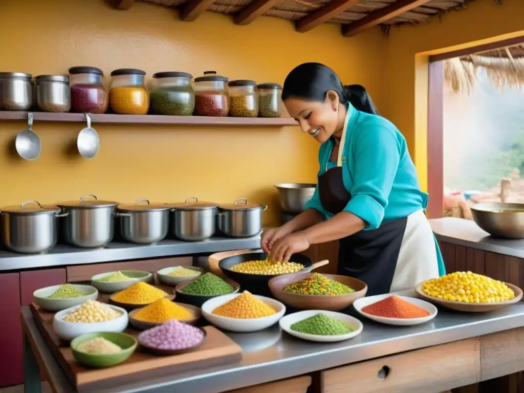 Una cocina peruana tradicional con chef preparando ceviche, mujeres haciendo chicha morada y libros cocina peruana tradicional