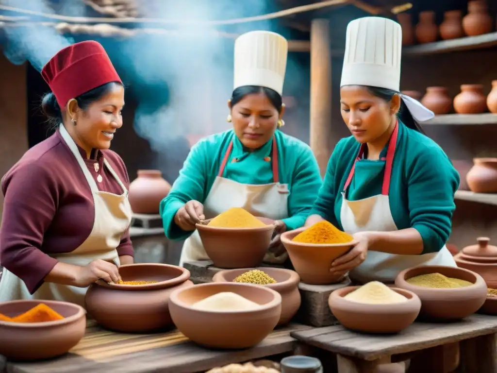 Cocina peruana tradicional con chefs fermentando ingredientes locales en ollas de barro, fusionando técnicas ancestrales y tecnología moderna