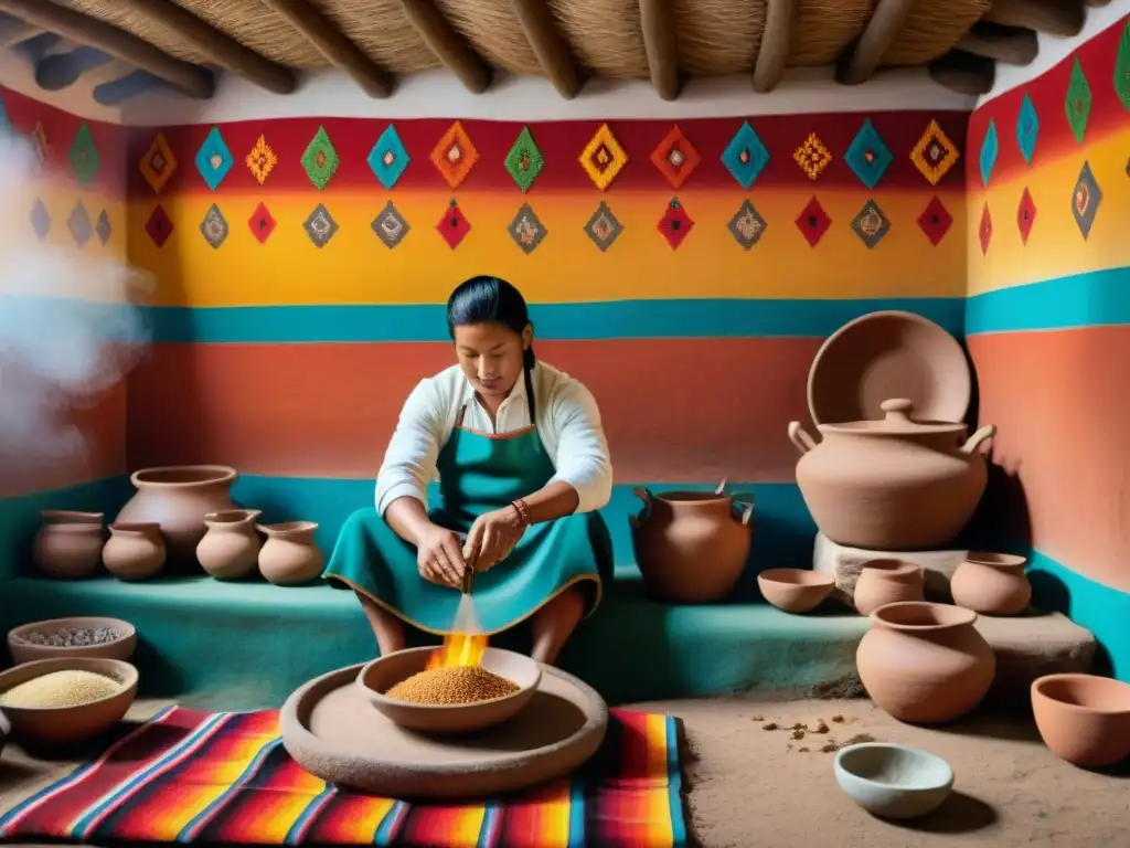 Cocina prehispánica peruana: ambiente tradicional con chefs indígenas, ingredientes coloridos y ollas de barro sobre fuego abierto