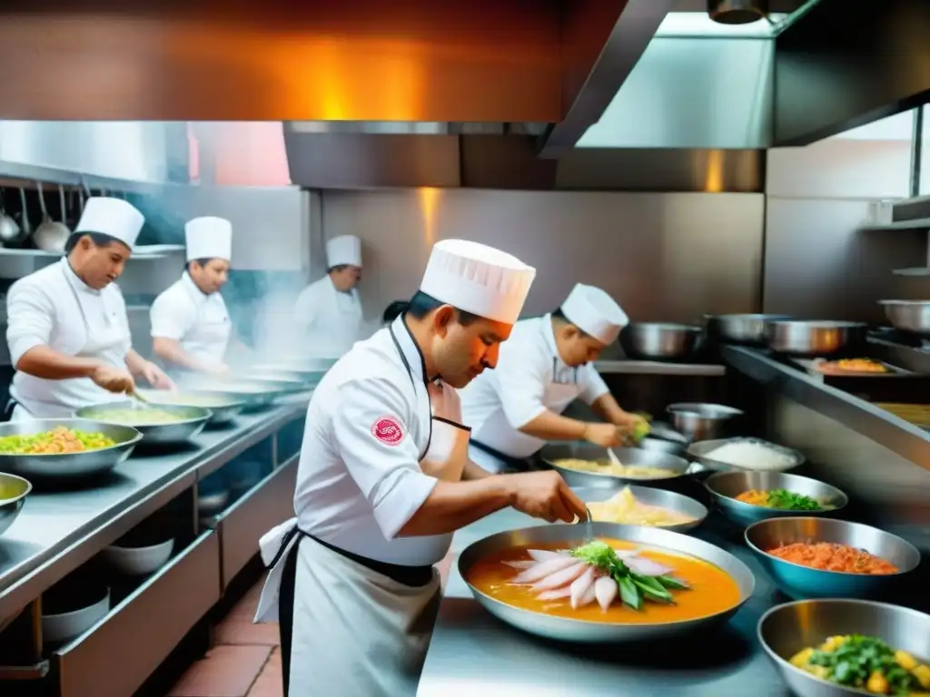 Cocina peruana tradicional y contemporánea: Chefs preparan ceviche, aji de gallina y lomo saltado en una cocina limeña bulliciosa