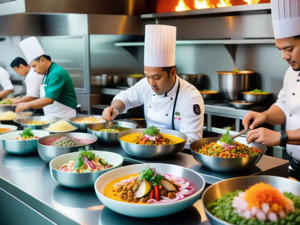 Una cocina peruana tradicional y contemporánea bulliciosa en Lima durante el servicio de cena, chefs preparan platos con pasión y precisión