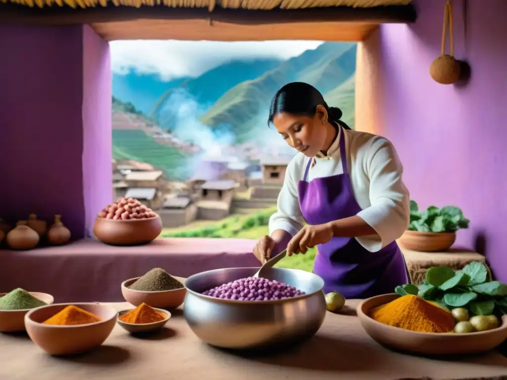 Cocina peruana tradicional: chef corta papas moradas mientras mujeres visten trajes coloridos cerca de olla de barro en fogón