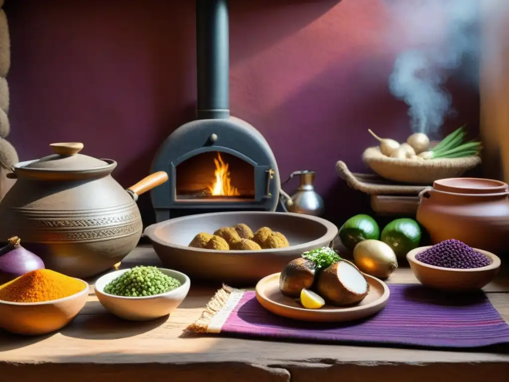 Una cocina peruana tradicional con un cuy al horno en un ambiente acogedor y auténtico