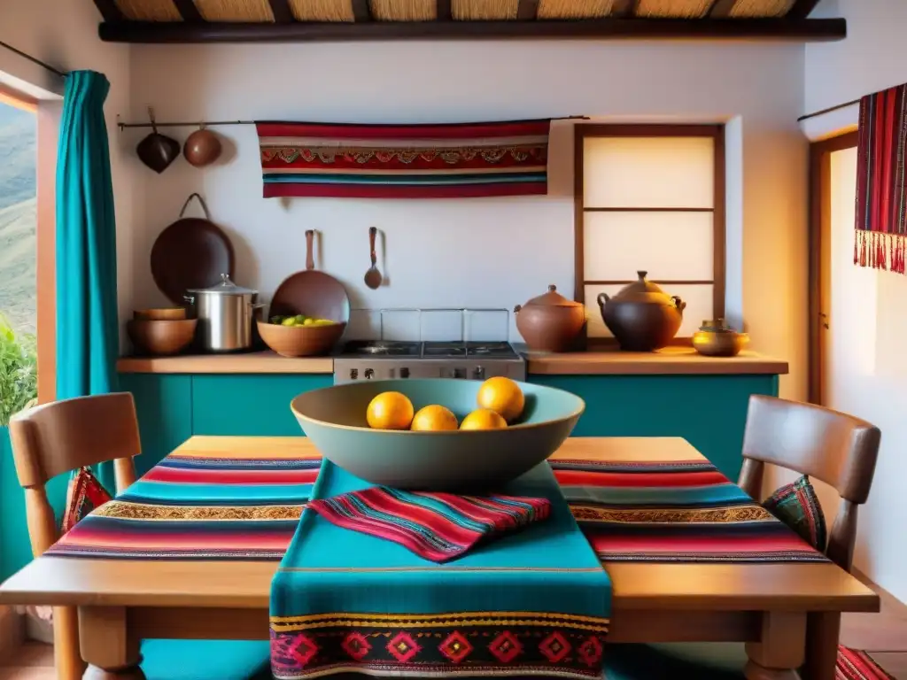 Una cocina peruana tradicional decorada con textiles andinos vibrantes, resaltando la rica herencia cultural