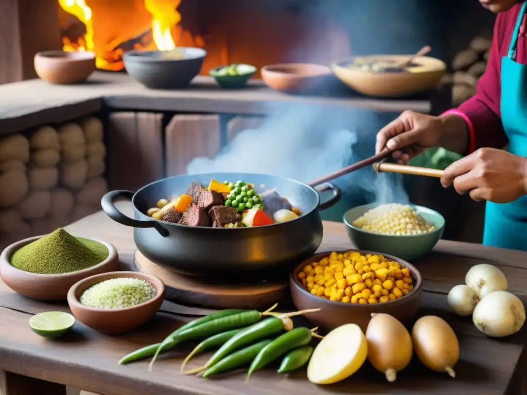 Una cocina peruana tradicional con ingredientes para charquicán y un chef preparándolo