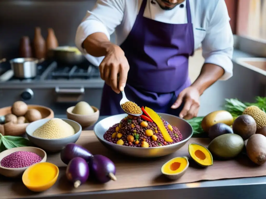 Una cocina peruana tradicional con ingredientes vibrantes y un chef preparando platos autóctonos