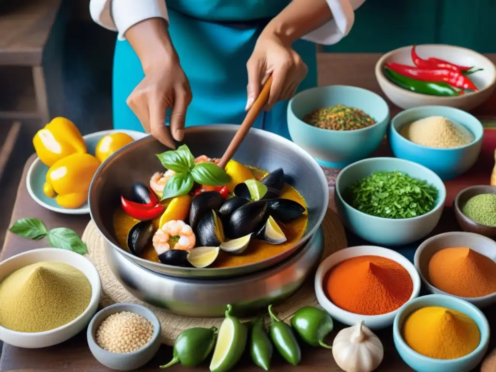 Una cocina peruana tradicional llena de ingredientes coloridos, con un chef preparando jalea mixta