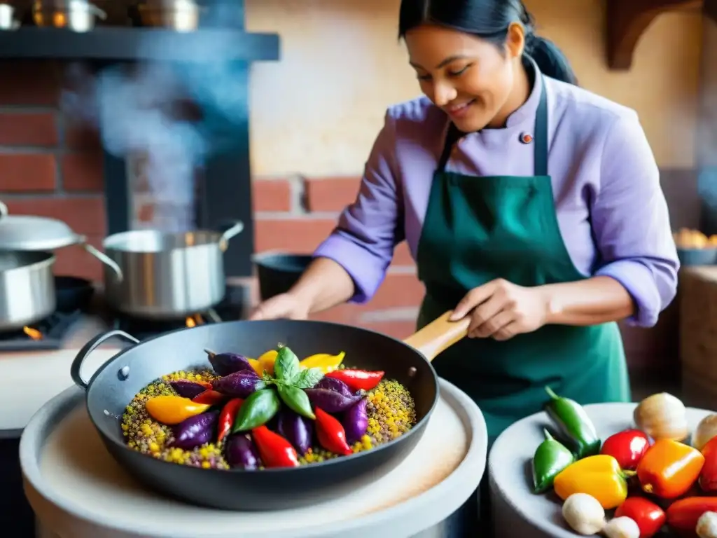 Una cocina peruana tradicional llena de ingredientes coloridos y un chef preparando un plato clásico