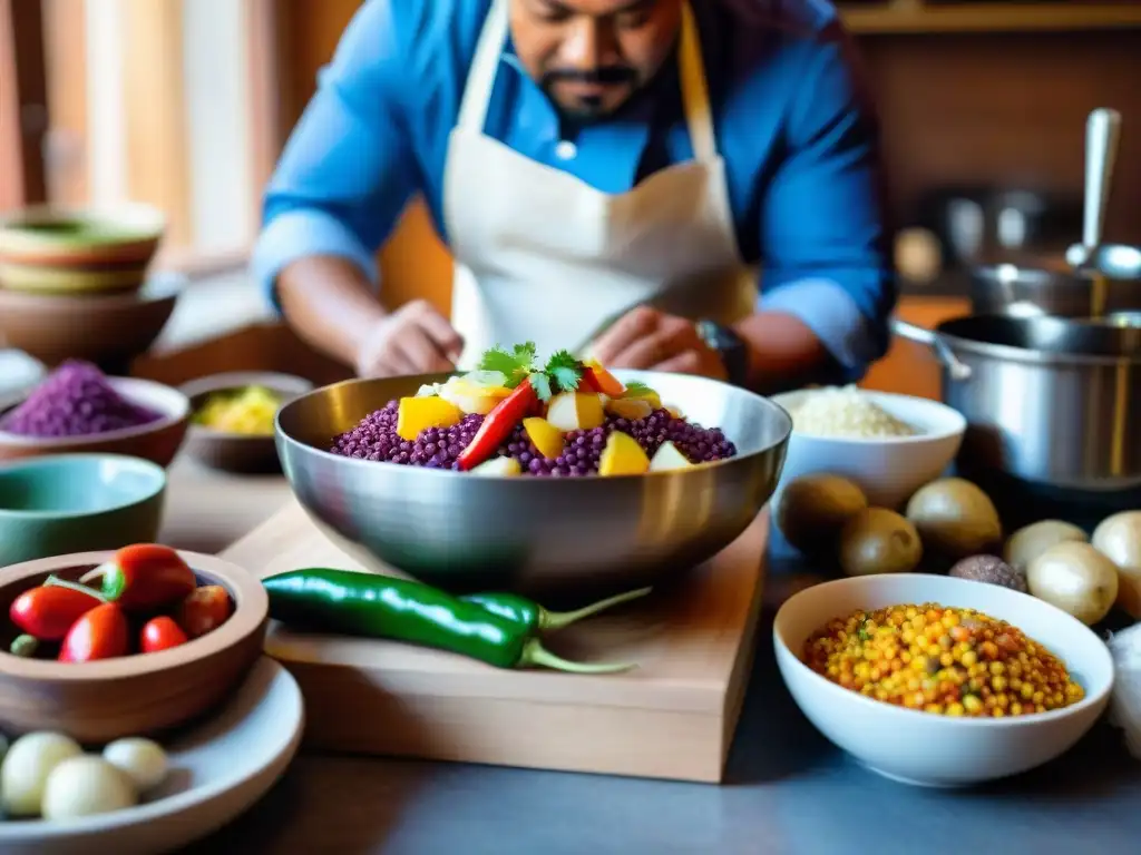 Una cocina peruana tradicional llena de ingredientes coloridos y un chef preparando ceviche, con libros de cocina peruanos recomendados