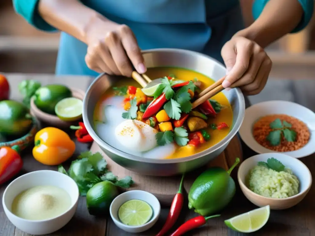 Una cocina peruana tradicional llena de ingredientes coloridos y salsas vibrantes