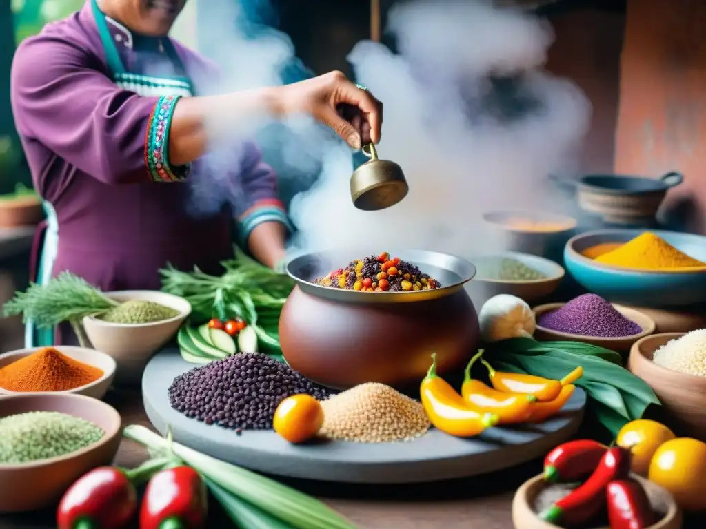 Una cocina peruana tradicional llena de ingredientes coloridos como maíz morado, quinua, ajíes y hierbas