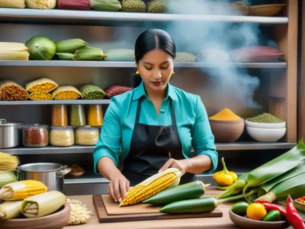 Una cocina peruana tradicional llena de ingredientes coloridos y un chef preparando variedades de tamales peruanos tradicionales