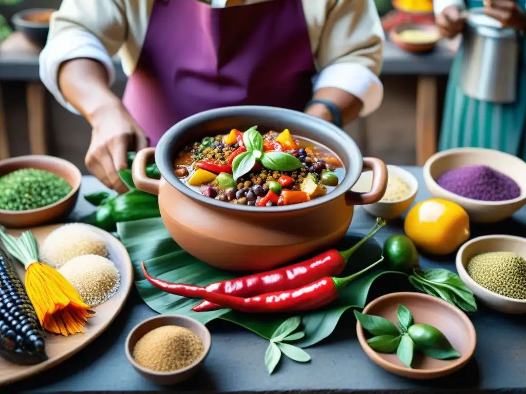 Una cocina peruana tradicional llena de ingredientes coloridos y una olla de barro burbujeante