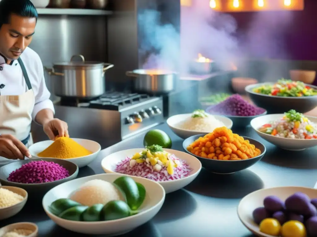 Una cocina peruana tradicional llena de actividad, destacando la preparación de ceviche