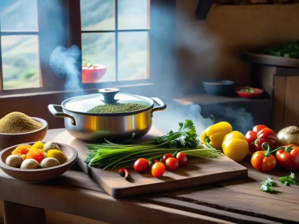 Una cocina peruana tradicional llena de ingredientes para la receta tradicional charquicán peruano, bañados por la luz del sol