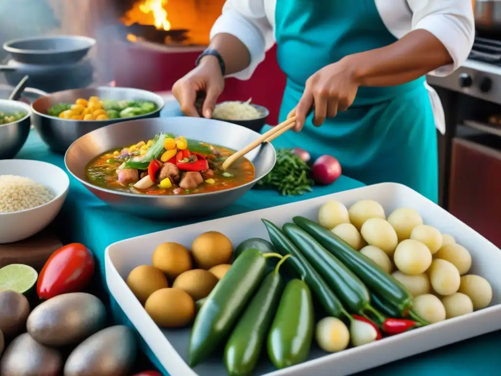 Una cocina peruana tradicional llena de vida y color durante la preparación de un festín para la Fiesta de San Pedro y San Pablo