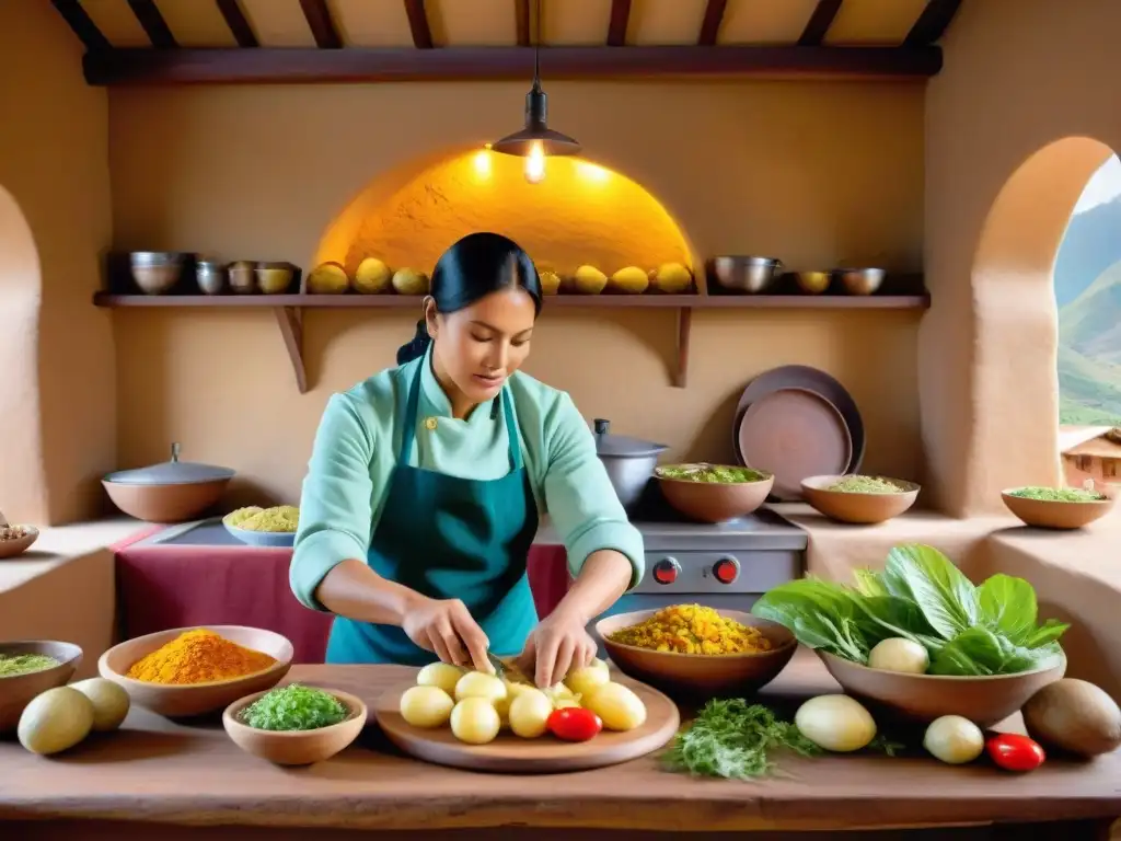 Una cocina peruana tradicional llena de vida durante la preparación de un vibrante plato de Papa a la Huancaína