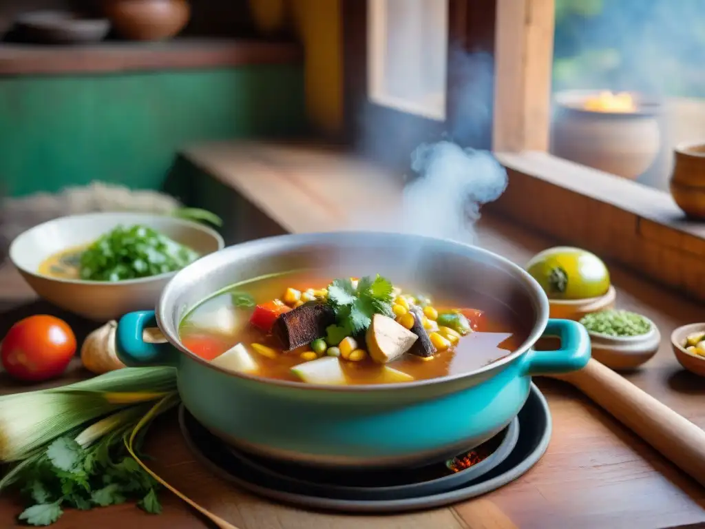 Una cocina peruana tradicional con una olla de Timbuche humeante en la estufa