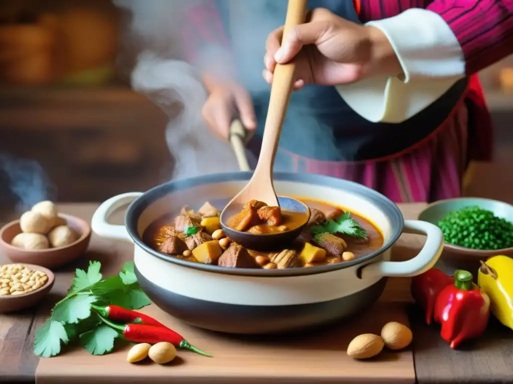 Una cocina peruana tradicional con una olla de barro preparando una receta tradicional carapulcra peruana