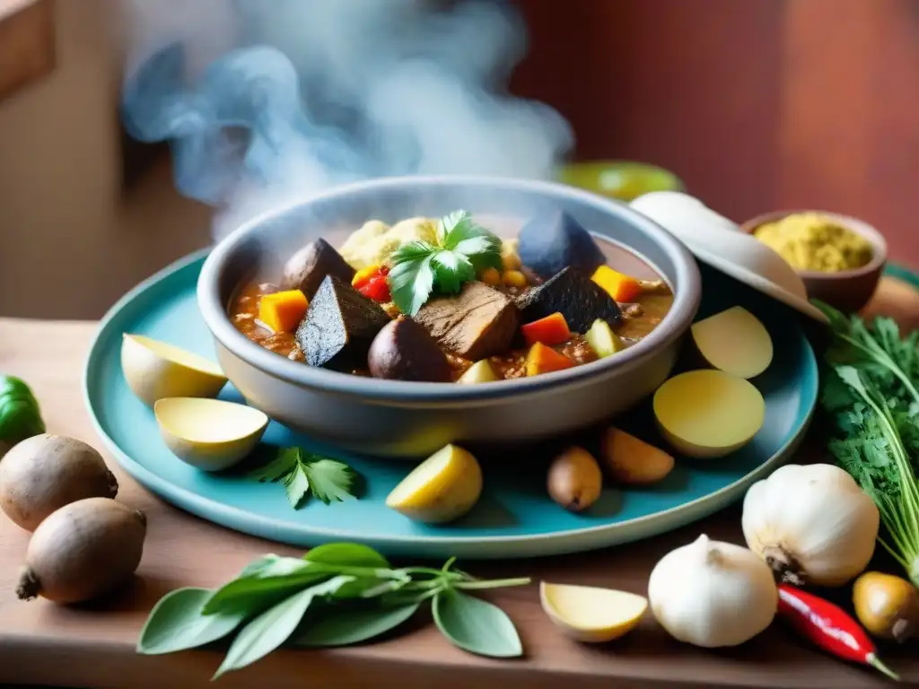 Olluquito con charqui: Tradición culinaria peruana en detalle Una cocina peruana tradicional con una olla de barro cocinando olluquito con charqui, rodeada de ingredientes frescos