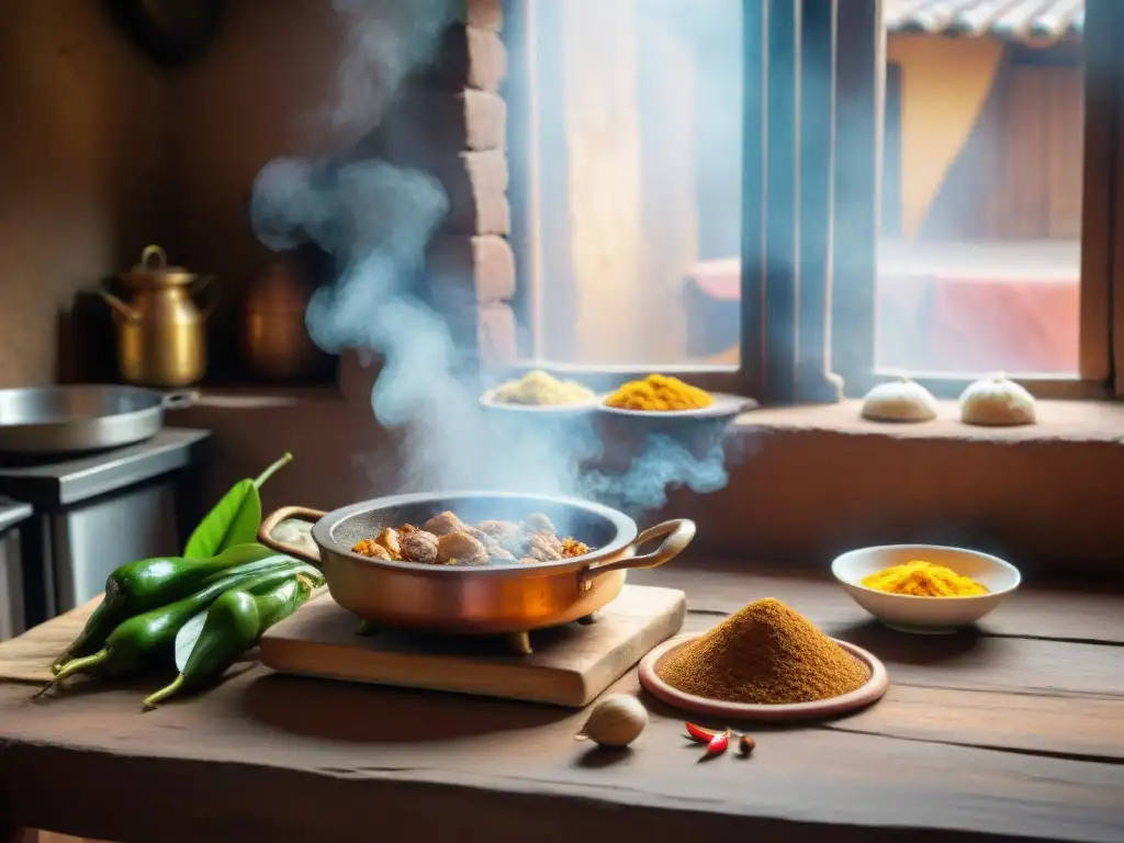 Una cocina peruana tradicional con un olla de barro en la estufa de leña, preparando la receta tradicional ají de gallina