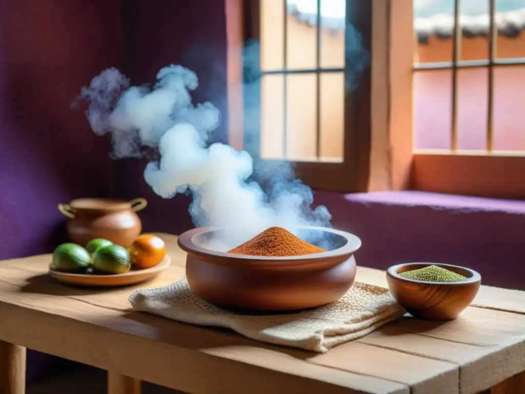 Una cocina peruana tradicional con una olla de barro cocinando chicha de quinua receta tradicional, iluminada por luz natural cálida