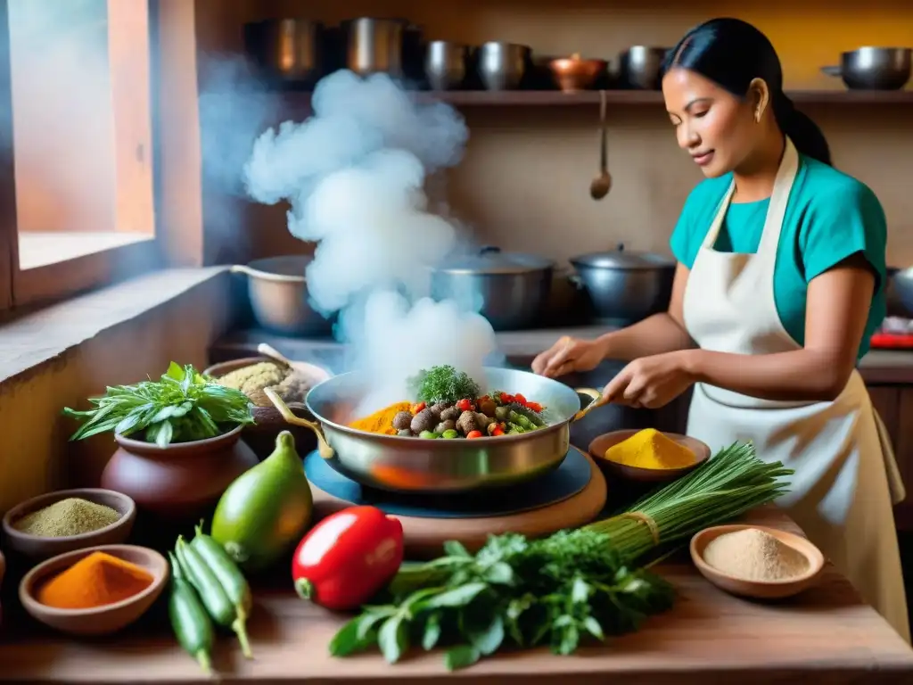 Una cocina peruana tradicional con olluco con charqui receta tradicional, ingredientes coloridos y chef preparando la receta