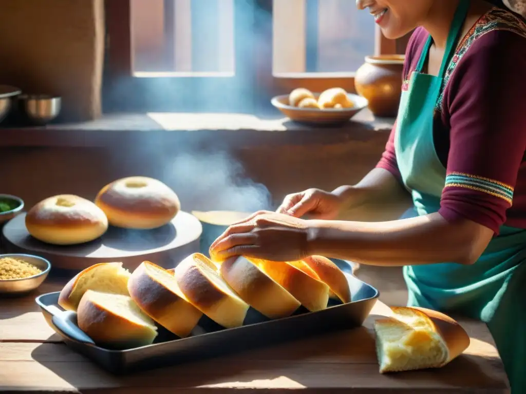 Una cocina peruana tradicional con panes frescos de pan con chicharrón, la mujer local prepara la receta tradicional con amor al amasar la masa