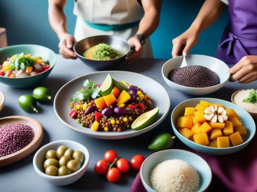 Una cocina peruana tradicional rebosante de vida y color, con ingredientes saludables y frescos como quinua, maíz morado y ají