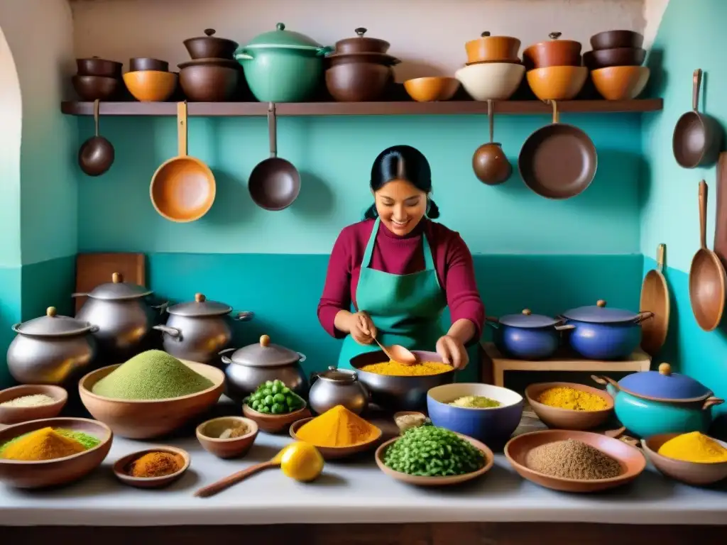 Cocina peruana: diversidad y tradición en alta resolución Una cocina peruana tradicional rebosante de vida y sabor, con personas de todas las edades y orígenes, mostrando libros de gastronomía peruana